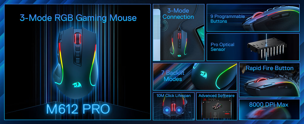 Redragon M612 PRO BT & 2.4RGB Gaming Mouse, 8000 DPI Wired/Wireless Optical Gamer Mice 11 Programmable Buttons & 6 Backlit Modes