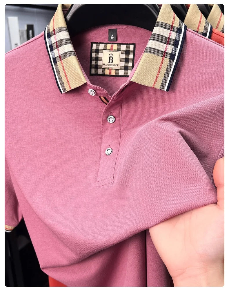 Luxury brand short sleeve polo shirt men's summer new silk cotton breathable fashion top casual business plaid lapel T-shirt