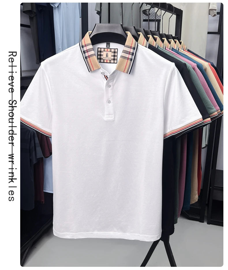 Luxury brand short sleeve polo shirt men's summer new silk cotton breathable fashion top casual business plaid lapel T-shirt