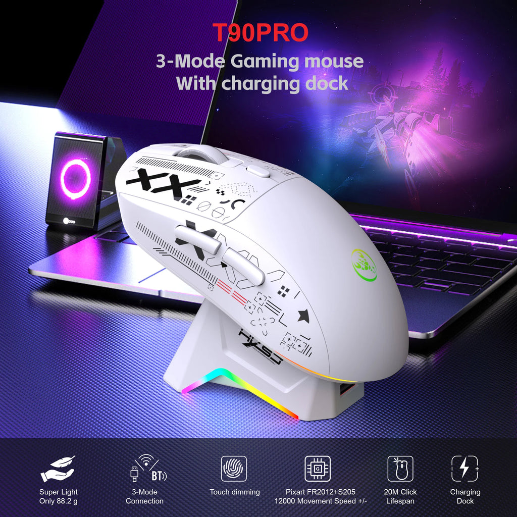 HXSJ T90Pro RGB Backlit Wireless Gaming Mouse with Charging Base Triple Mode 1K Optical Ergonomic Mouse for Esports