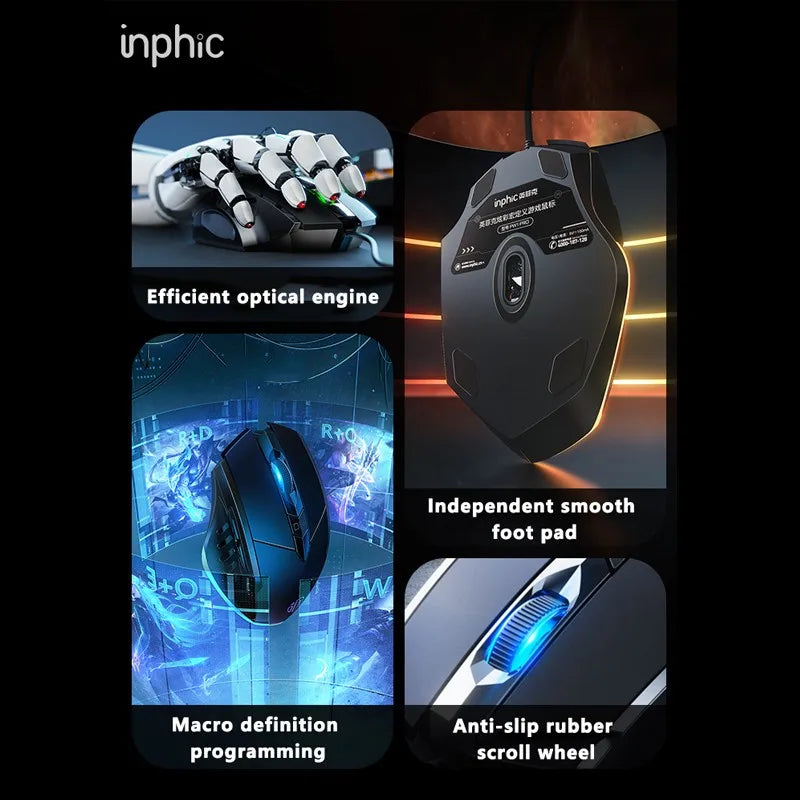 Inphic W1 Wired Mouse Esports Gaming Mouse Silent Office Mouse Three keys and six keys are optional