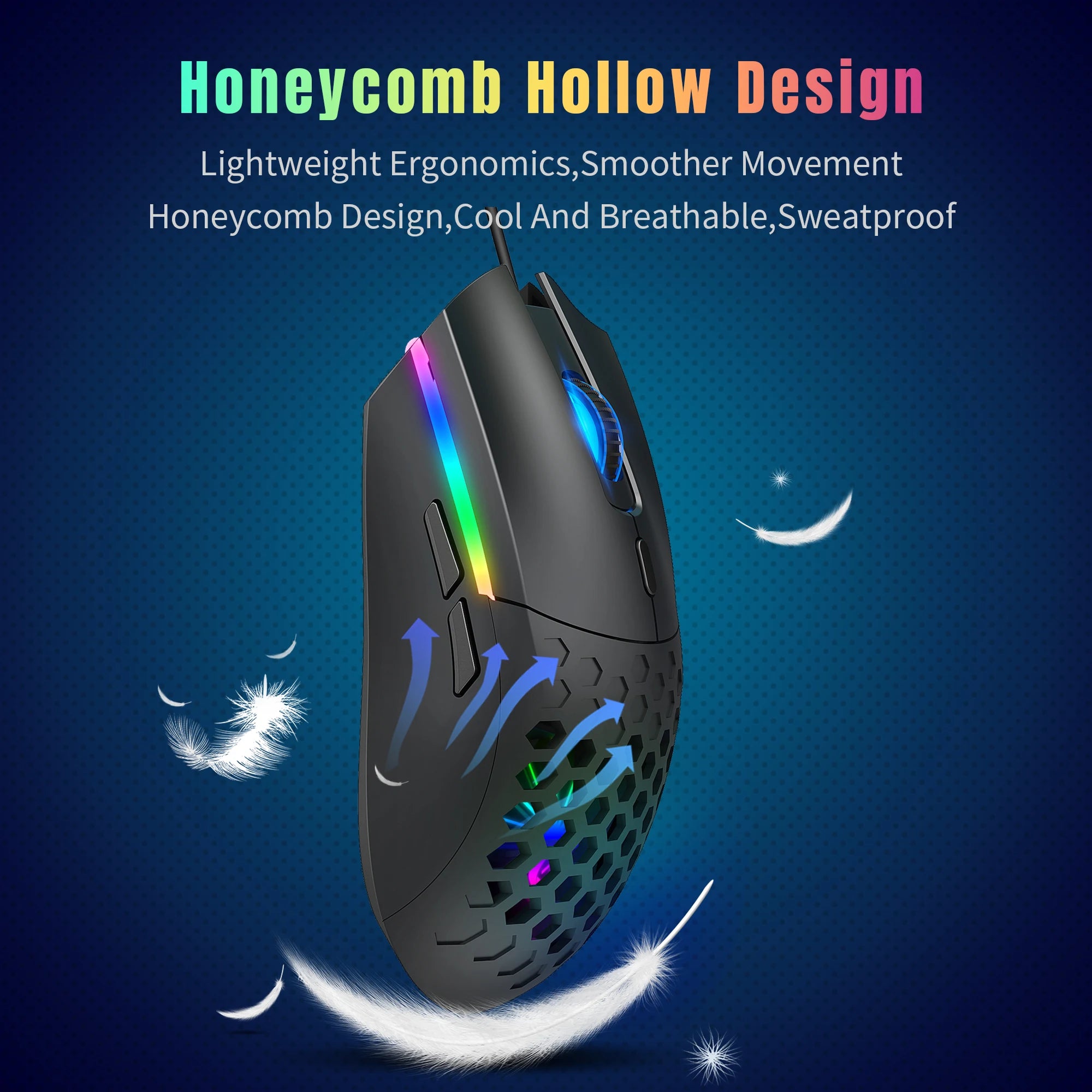 6 Keys Wired Gaming Mouse Honeycomb Hollow Design Colorful Backlight Adjustable 6400 DPI Mouse for Home office PC Gamer
