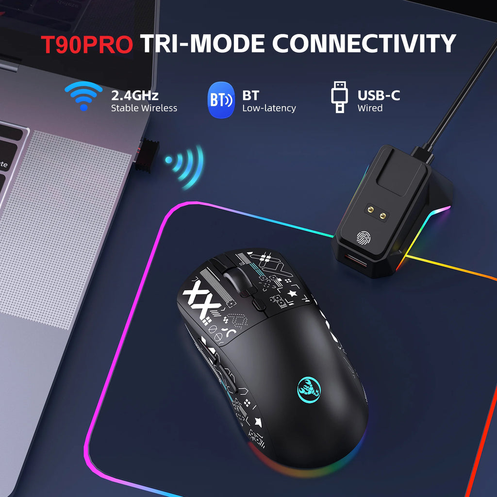 HXSJ T90Pro RGB Backlit Wireless Gaming Mouse with Charging Base Triple Mode 1K Optical Ergonomic Mouse for Esports