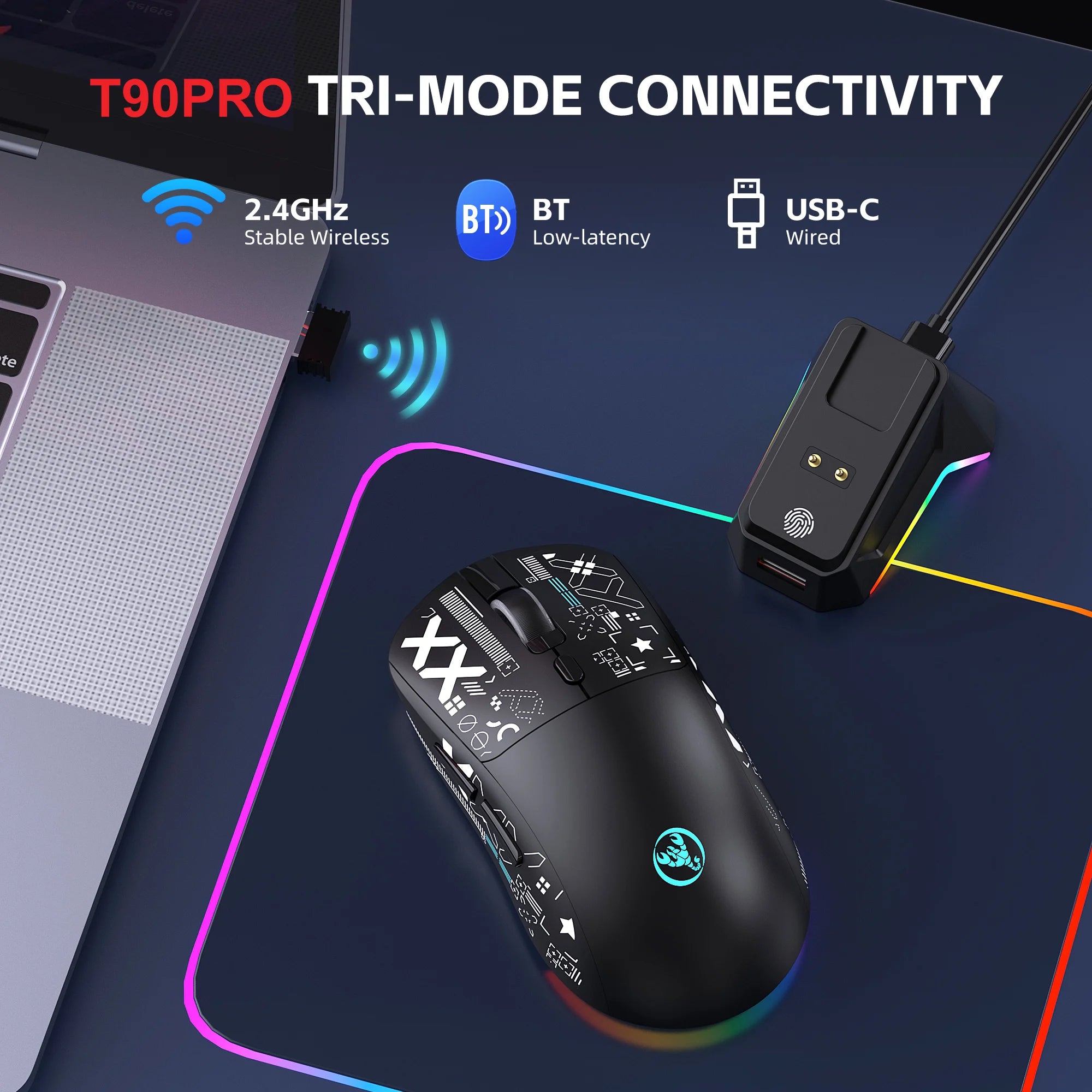 HXSJ T90Pro RGB Backlit Wireless Gaming Mouse with Charging Base Triple Mode 1K Optical Ergonomic Mouse for Esports