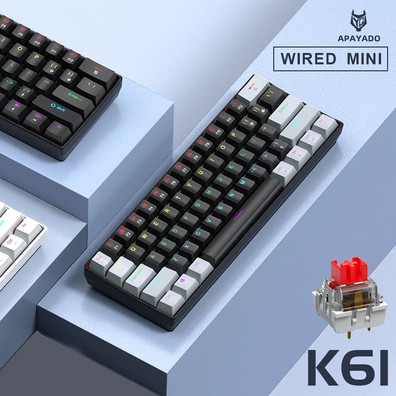 61 Keys Mechanical Keyboard Wired,APAYADO K61 RGB 60% Portable Mini Keyboard Black,White, Red/Blue Switch for Gaming