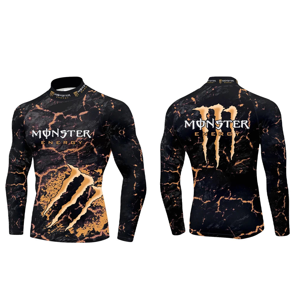 2025 New Monster Energy Men's Half High Collar Long Sleeve T-shirt Cool Crack Printed Sports Passion Dynamic Street Vitality