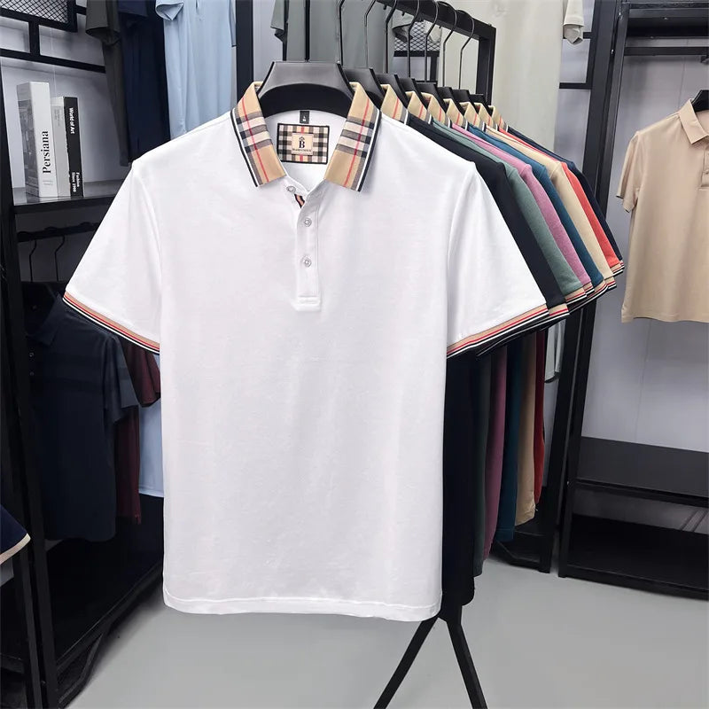 Luxury brand short sleeve polo shirt men's summer new silk cotton breathable fashion top casual business plaid lapel T-shirt