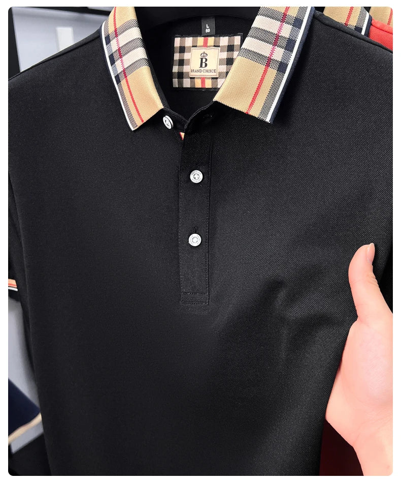 Luxury brand short sleeve polo shirt men's summer new silk cotton breathable fashion top casual business plaid lapel T-shirt