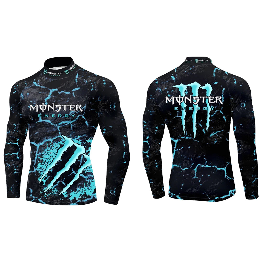 2025 New Monster Energy Men's Half High Collar Long Sleeve T-shirt Cool Crack Printed Sports Passion Dynamic Street Vitality