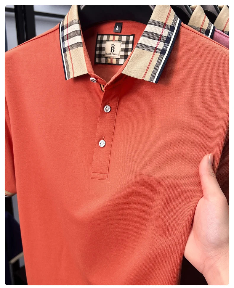 Luxury brand short sleeve polo shirt men's summer new silk cotton breathable fashion top casual business plaid lapel T-shirt