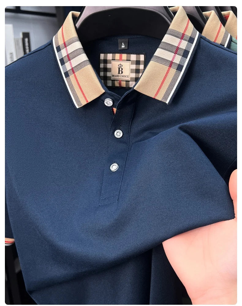 Luxury brand short sleeve polo shirt men's summer new silk cotton breathable fashion top casual business plaid lapel T-shirt