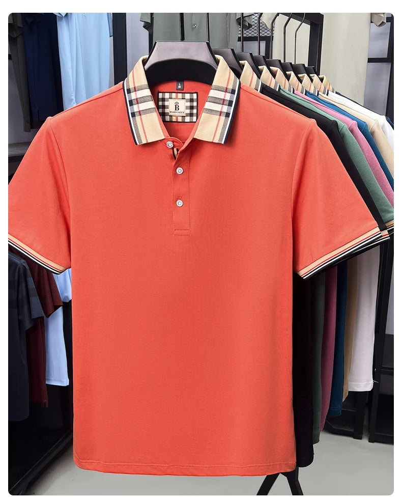 Luxury brand short sleeve polo shirt men's summer new silk cotton breathable fashion top casual business plaid lapel T-shirt