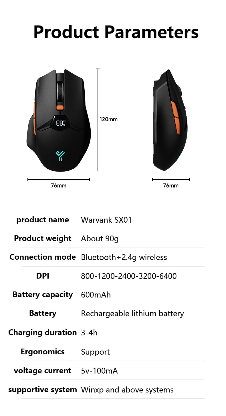 Warvank SX01 Bluetooth Wireless Mouse Smart Screen Battery Level Display Silent Office Mouse  600mAh Rechargeable Gaming Mouse