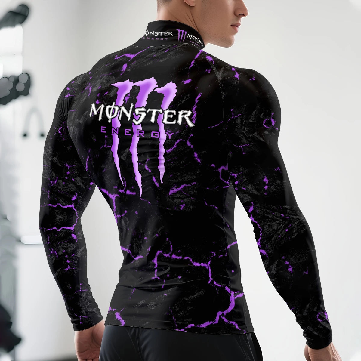 2025 New Monster Energy Men's Half High Collar Long Sleeve T-shirt Cool Crack Printed Sports Passion Dynamic Street Vitality