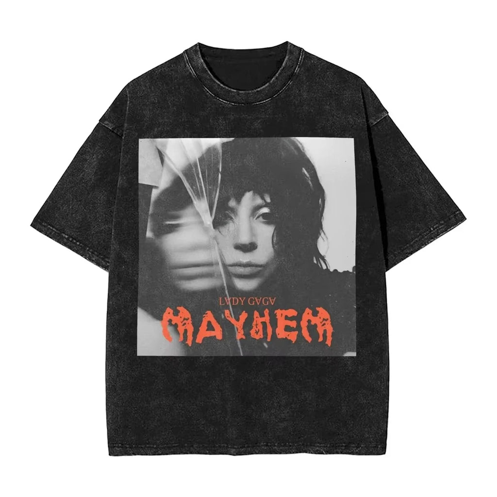 Washed T Shirts Lady Gaga Mayhem Hip Hop Retro Vintage High Street Streetwear Short Sleeve Print Tees Men's Women Tops Harajuku