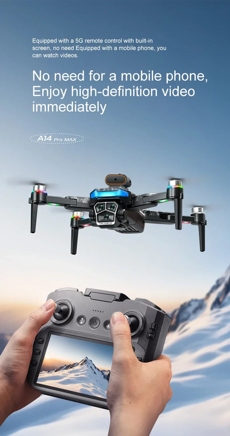 Xiaomi A14Pro Max Drone 8K HD Three Camera GPS Brushless Optical Flow Obstacle Avoidance 4.5-inch large screen UAV RC 18000M