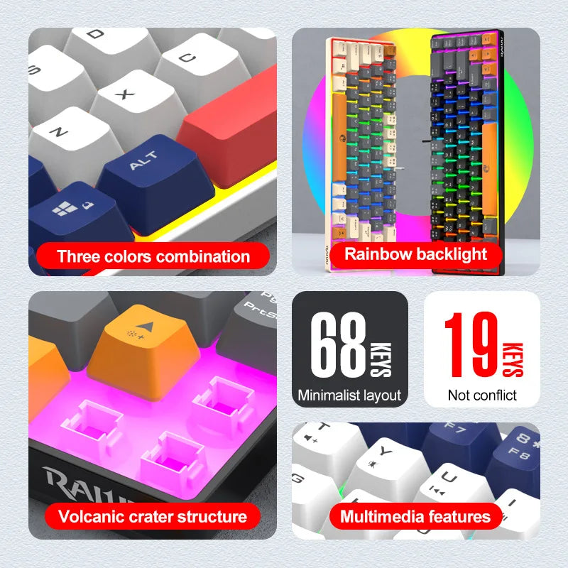 RAIKULei Kui K68 Wired Keyboard Three Color Customized Gaming Luminous Keyboard Mechanical Feel