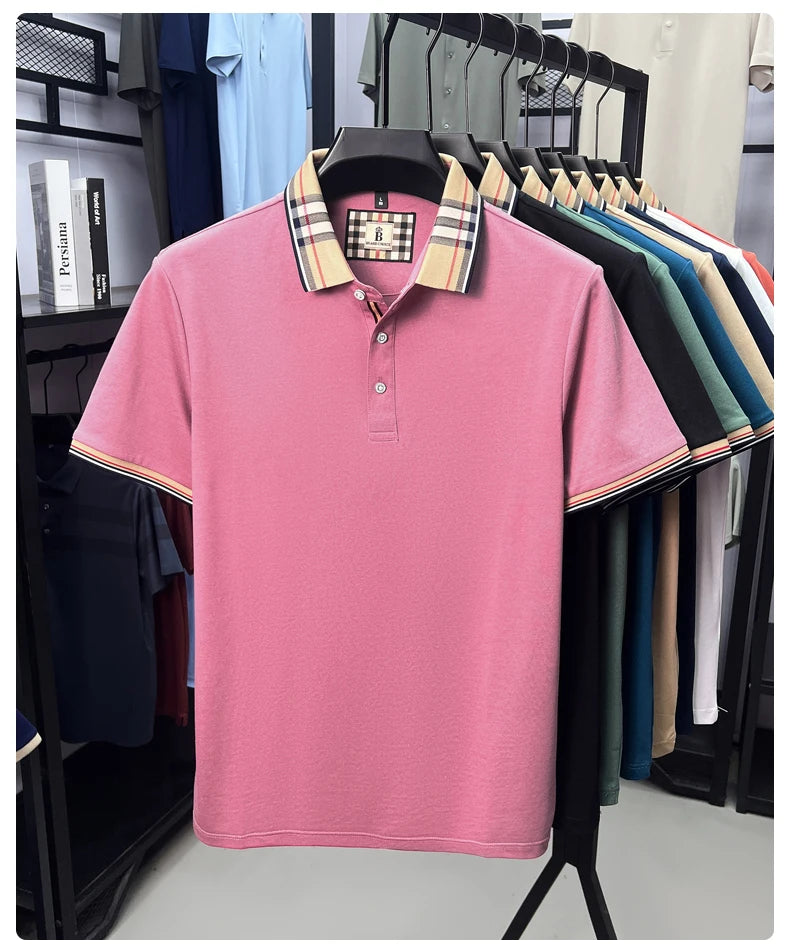 Luxury brand short sleeve polo shirt men's summer new silk cotton breathable fashion top casual business plaid lapel T-shirt