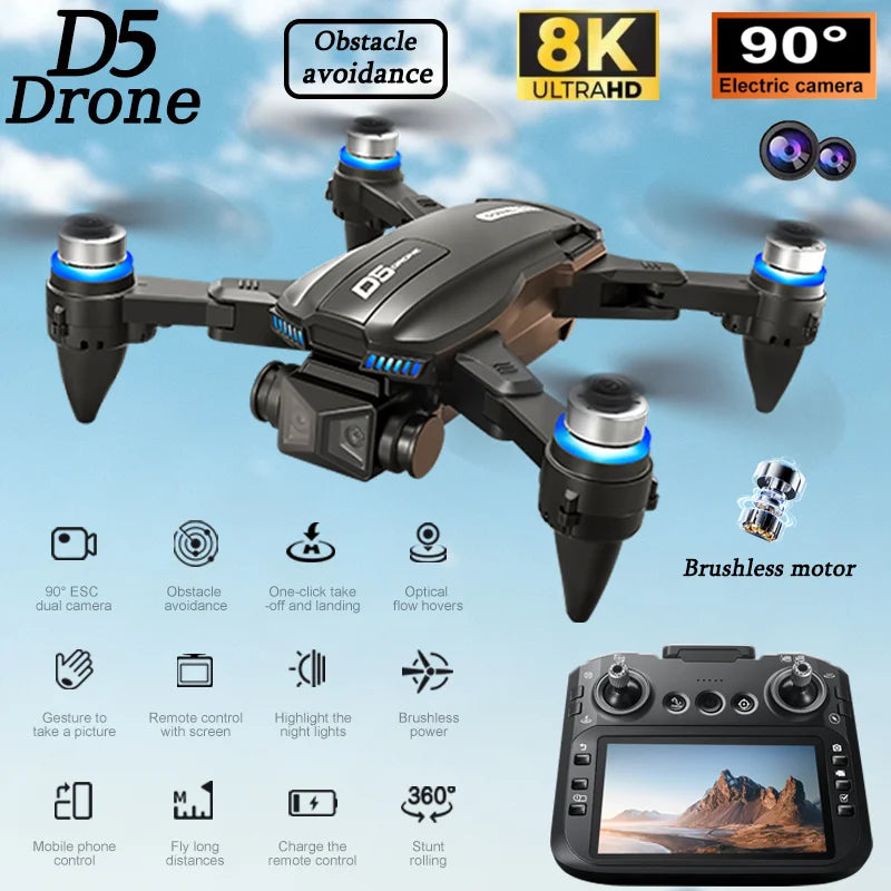 2025 D5 Drone 8K Dual Camera HD Remote Control Quadcopter With Obstacle Avoidance For Aerial Photography RC Drone Gift For Girls