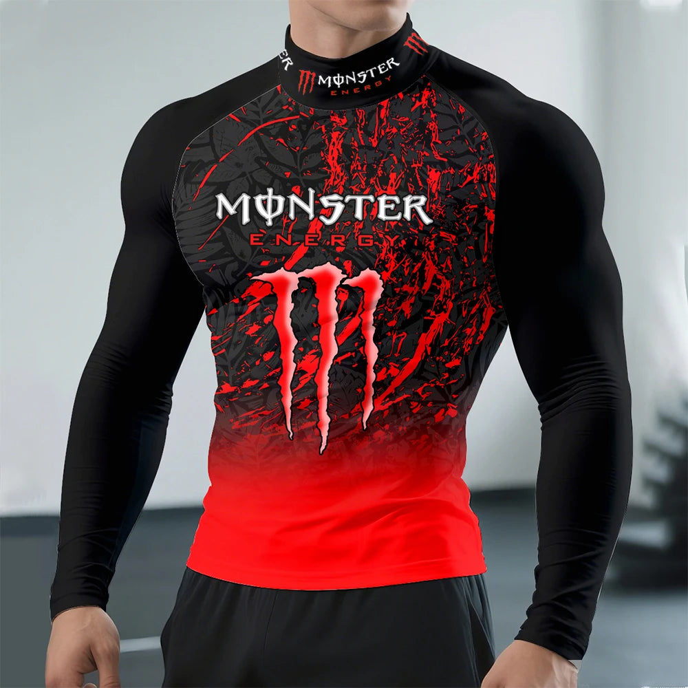 2025Monster Energy Men's Half High Neck Long Sleeve T-shirt Gradient Trend Cool Graffiti Street Vitality Personalized Fashion