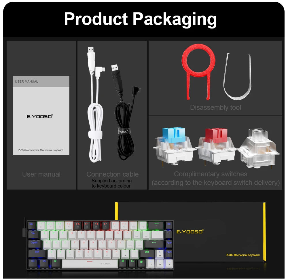 E-YOOSO Z686 USB Mini Slim Mechanical Gaming Wired Keyboard Red Switch 68Keys Russian Brazilian Portuguese for Compute PC Laptop