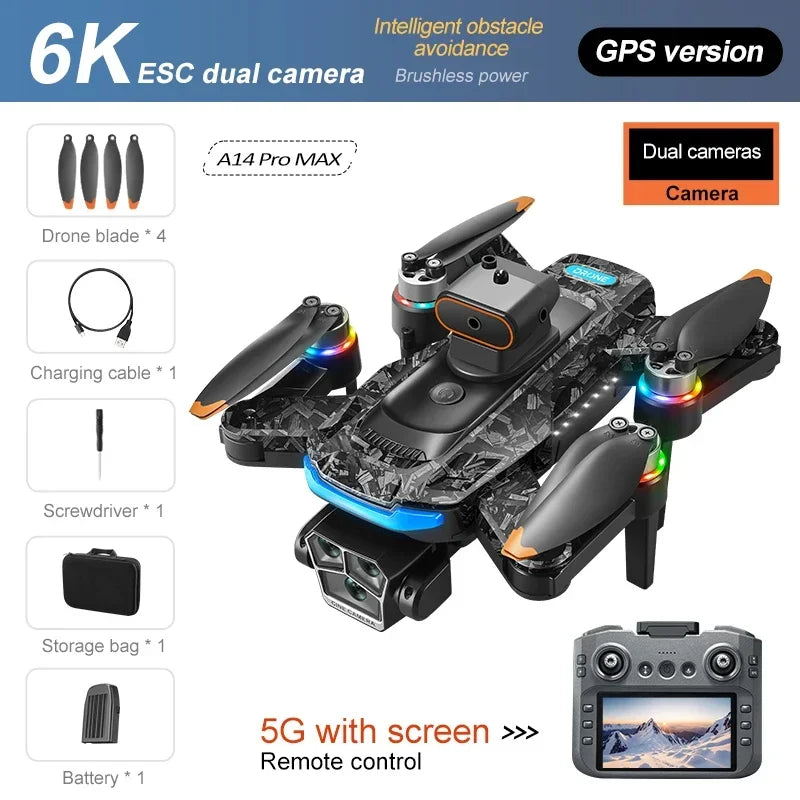 Xiaomi A14Pro Max Drone 8K HD Three Camera GPS Brushless Optical Flow Obstacle Avoidance 4.5-inch large screen UAV RC 18000M