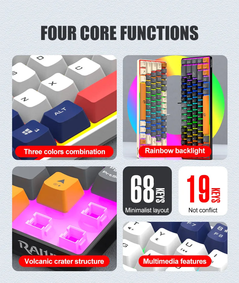 RAIKULei Kui K68 Wired Keyboard Three Color Customized Gaming Luminous Keyboard Mechanical Feel