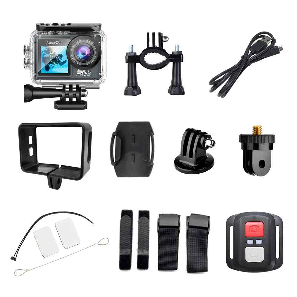5K 4K60FPS Action Camera Dual IPS Touch LCD EIS 170° DVR 30M Waterproof 5X Zoom Sport Camera With Wireless Mic & Pre Recording