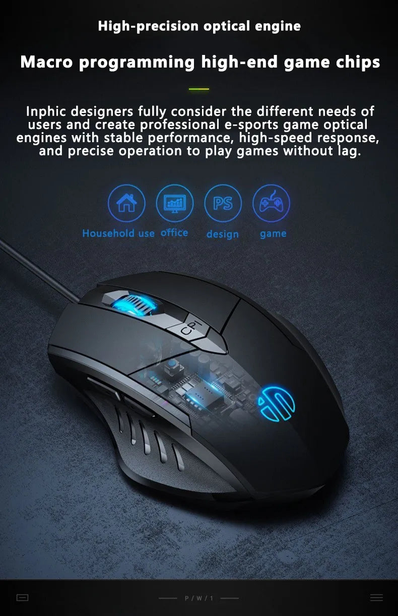 Inphic W1 Wired Mouse Esports Gaming Mouse Silent Office Mouse Three keys and six keys are optional