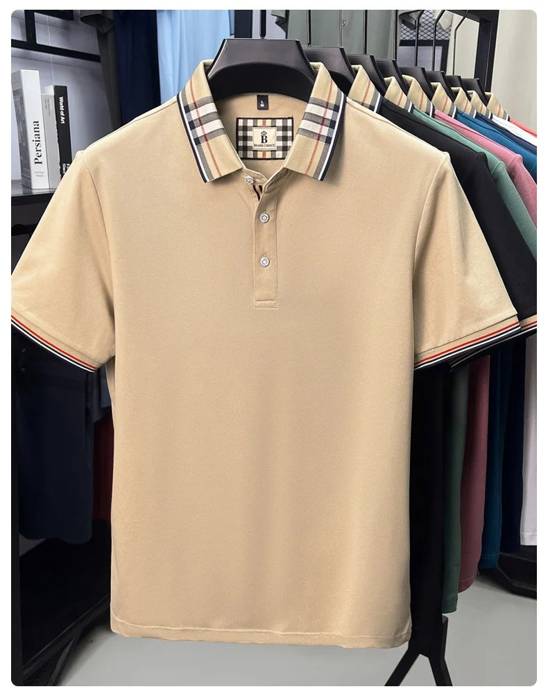 Luxury brand short sleeve polo shirt men's summer new silk cotton breathable fashion top casual business plaid lapel T-shirt