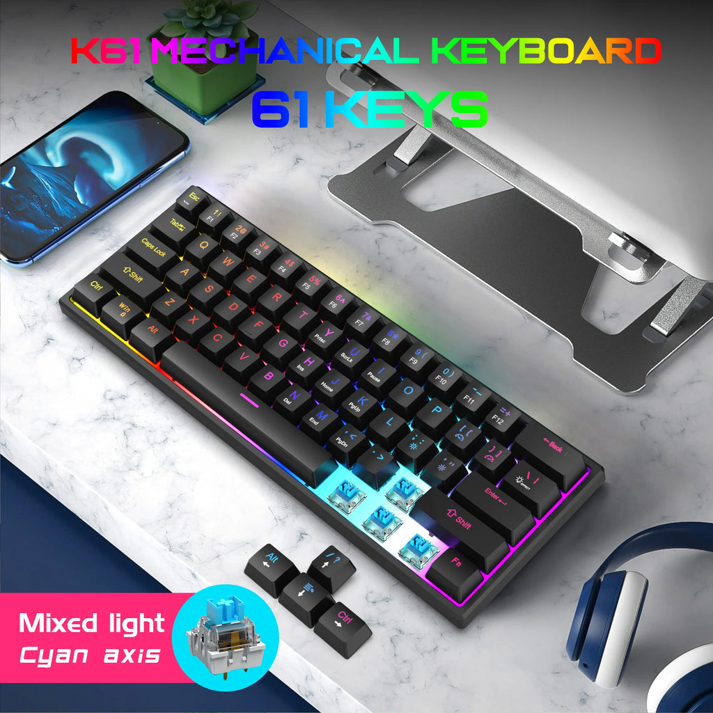 K61 Wired Cyan Axis Mechanical Keyboard RGB Colorful Backlit Ergonomic Design 61 Keys Mini Gaming Keyboard for PC Laptop Desktop