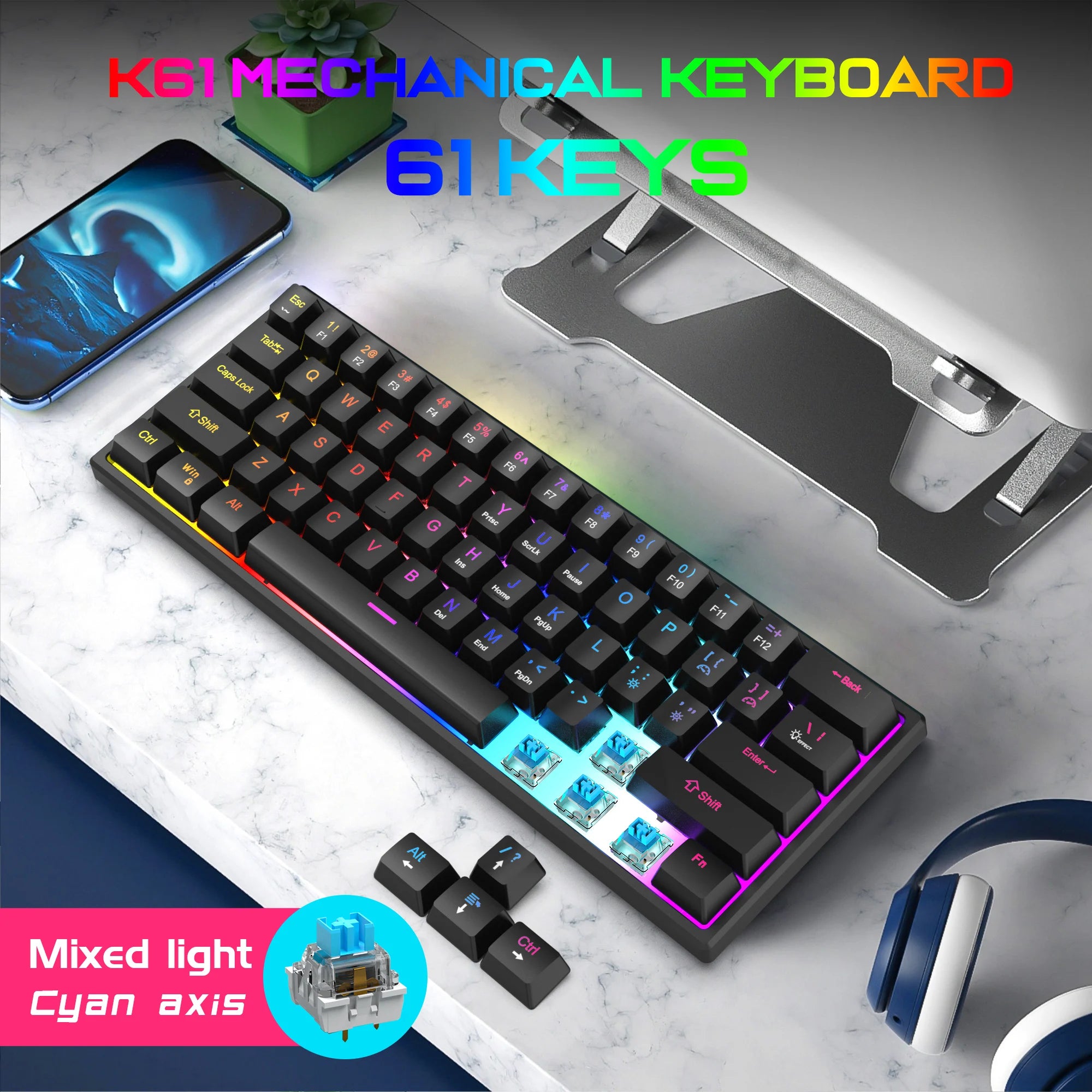 K61 Wired Cyan Axis Mechanical Keyboard RGB Colorful Backlit Ergonomic Design 61 Keys Mini Gaming Keyboard for PC Laptop Desktop