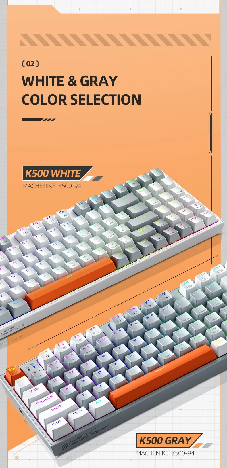 Machenike K500W Wireless Mechanical Keyboard Hot Swap Tri-mode 94 Keys RGB Backlit Gaming Keyboard for PC Gamer Laptop