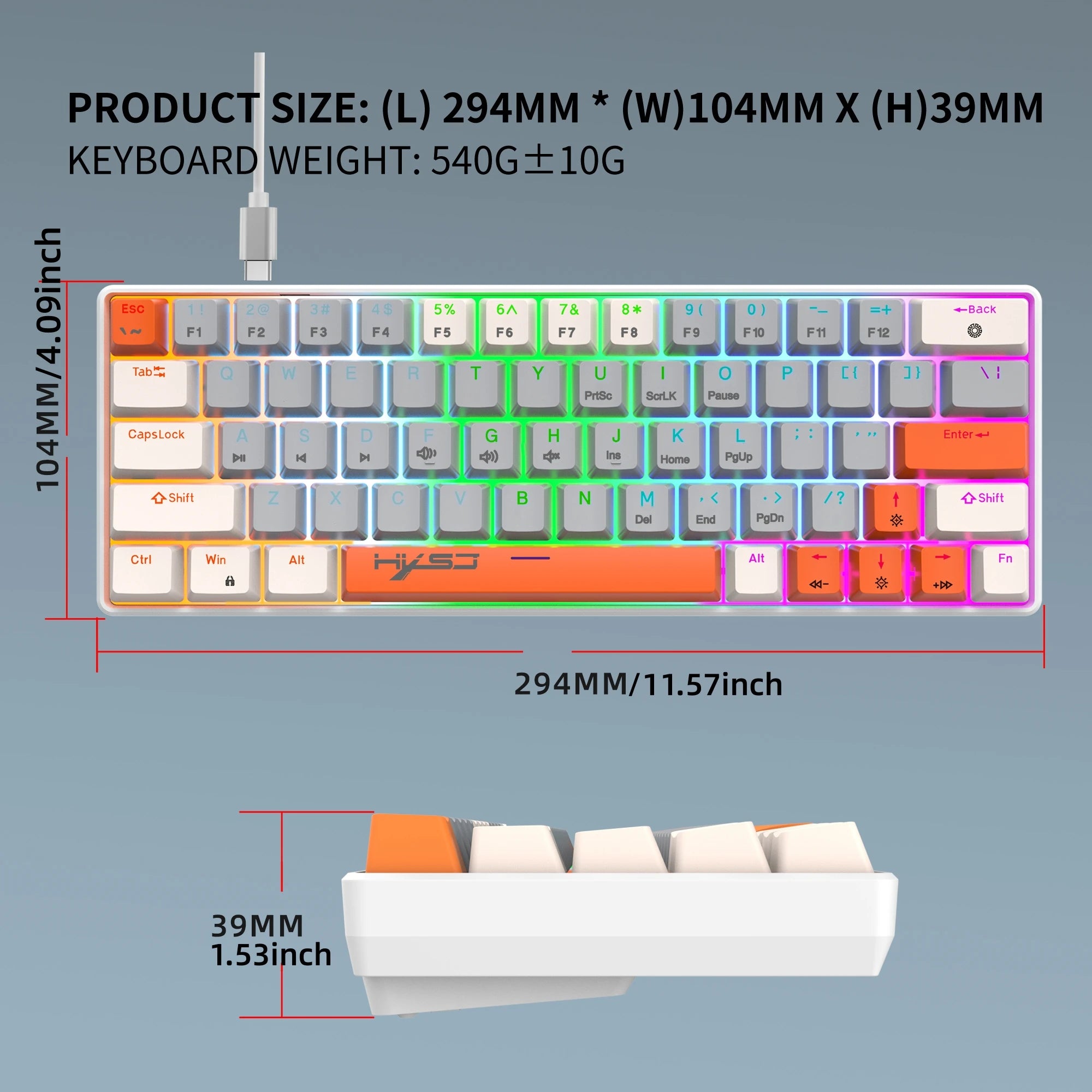 Portable 60% Mechanical Gaming Keyboard,63 Keys With Red Switch Backlit Compact Mini Wired Office Keyboard