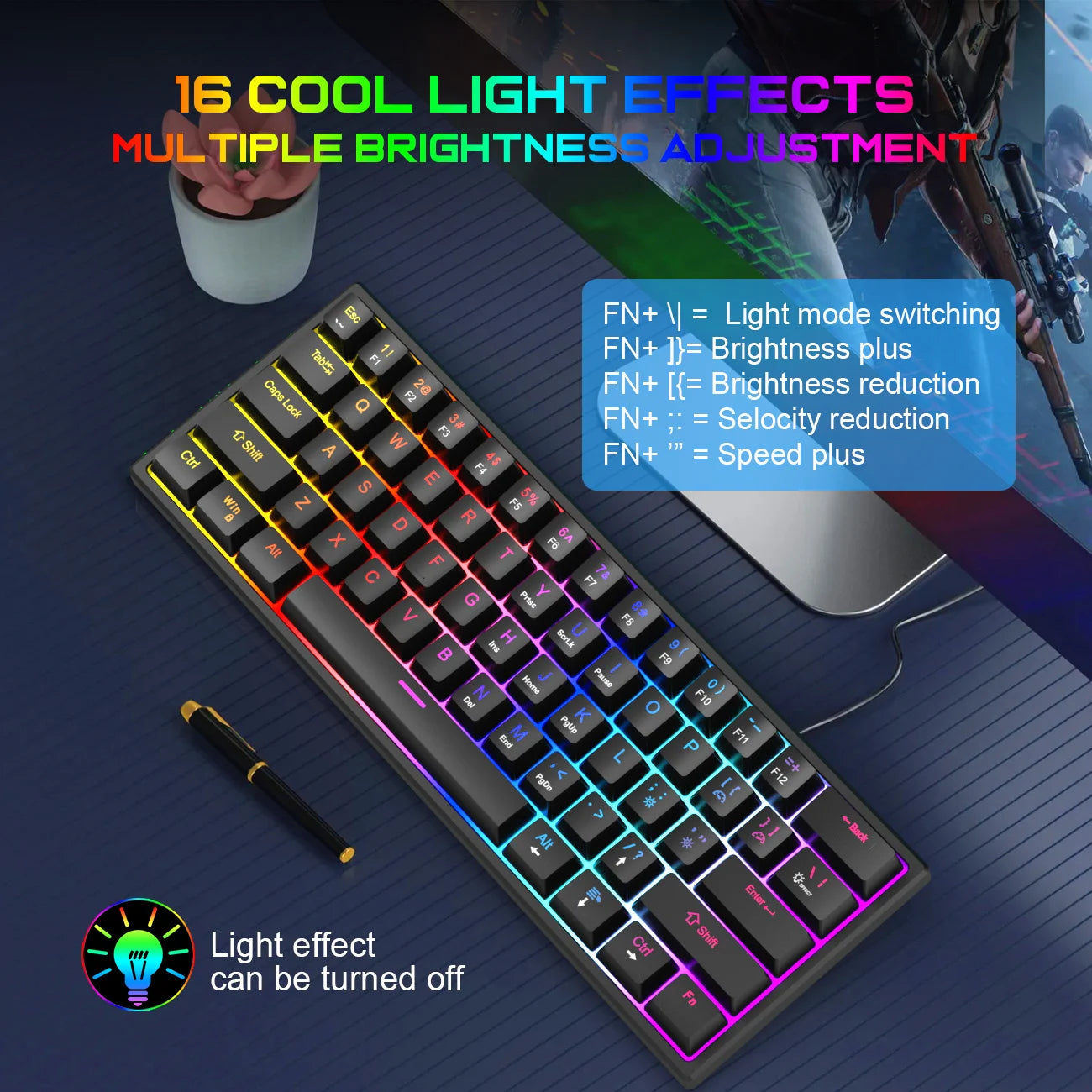 K61 Wired Cyan Axis Mechanical Keyboard RGB Colorful Backlit Ergonomic Design 61 Keys Mini Gaming Keyboard for PC Laptop Desktop
