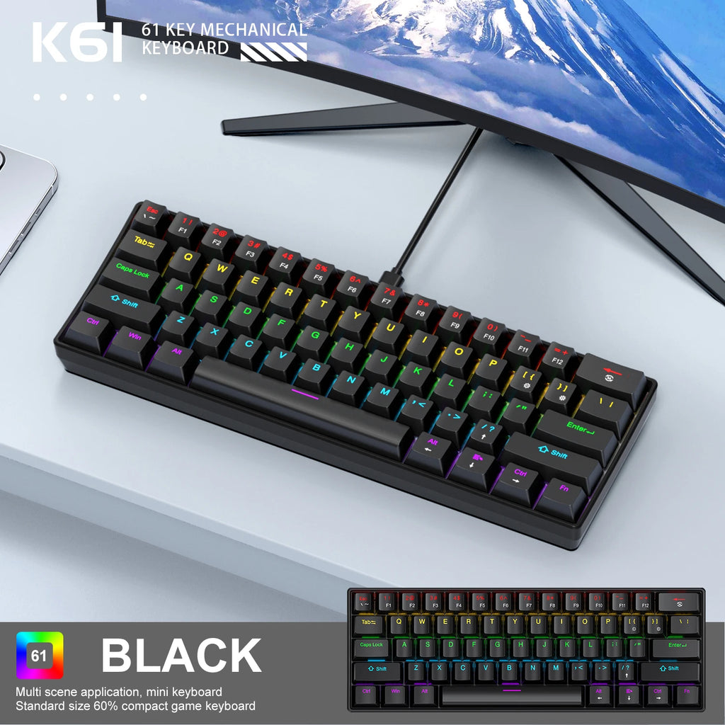 61 Keys Mechanical Keyboard Wired,APAYADO K61 RGB 60% Portable Mini Keyboard Black,White, Red/Blue Switch for Gaming