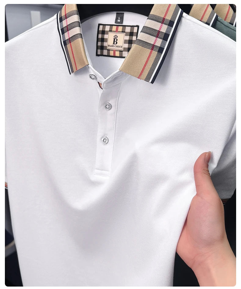Luxury brand short sleeve polo shirt men's summer new silk cotton breathable fashion top casual business plaid lapel T-shirt