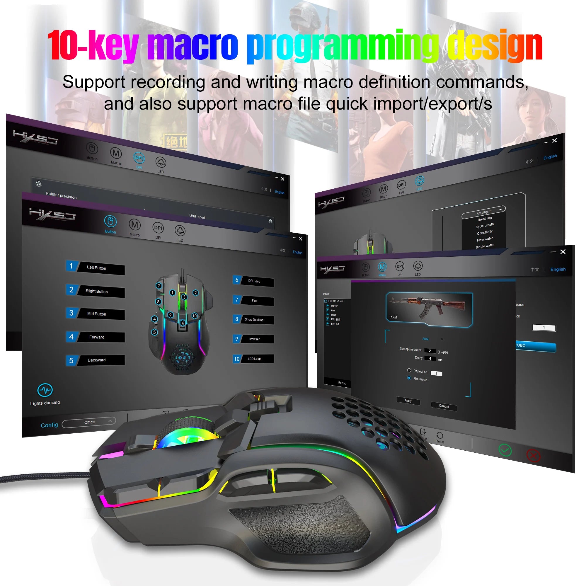 Hot sale HXSJ S700 ergonomics 12800 resolution mechanical 10 button macro programmable gaming mouse for gamer and laptop