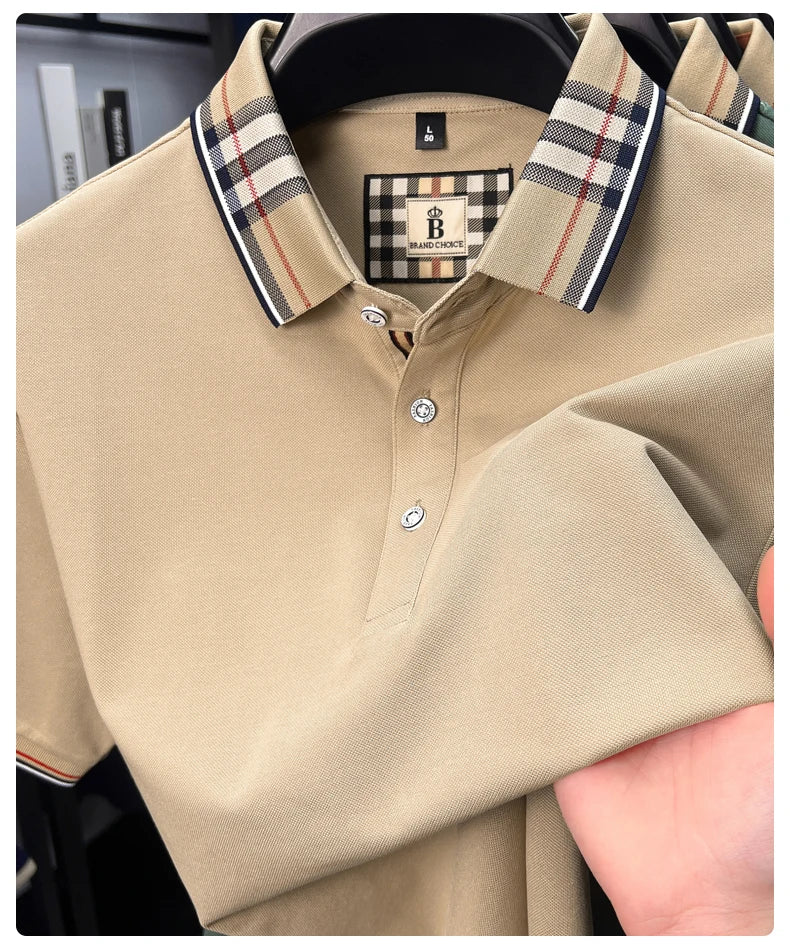 Luxury brand short sleeve polo shirt men's summer new silk cotton breathable fashion top casual business plaid lapel T-shirt