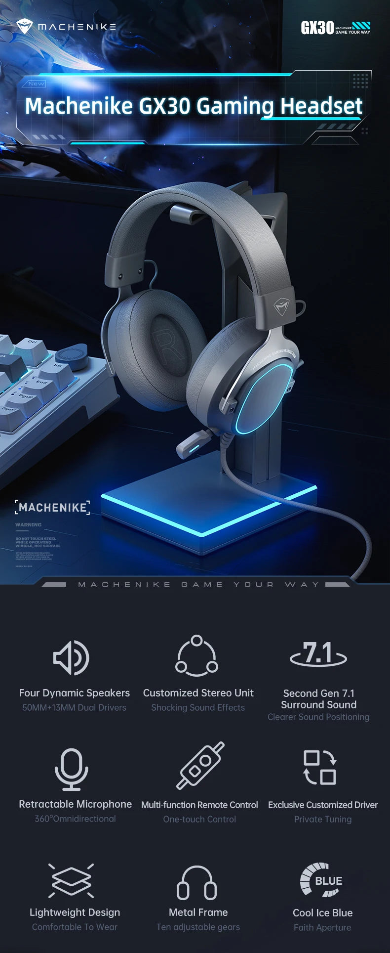 MACHENIKE GX30 Series Wireless Bluetooth Headphones 4 Modes 7.1 Surround Setting Bluetooth5.4 Gaming Headset Earphone