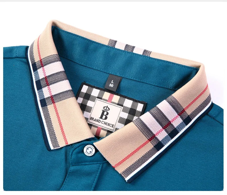Luxury brand short sleeve polo shirt men's summer new silk cotton breathable fashion top casual business plaid lapel T-shirt