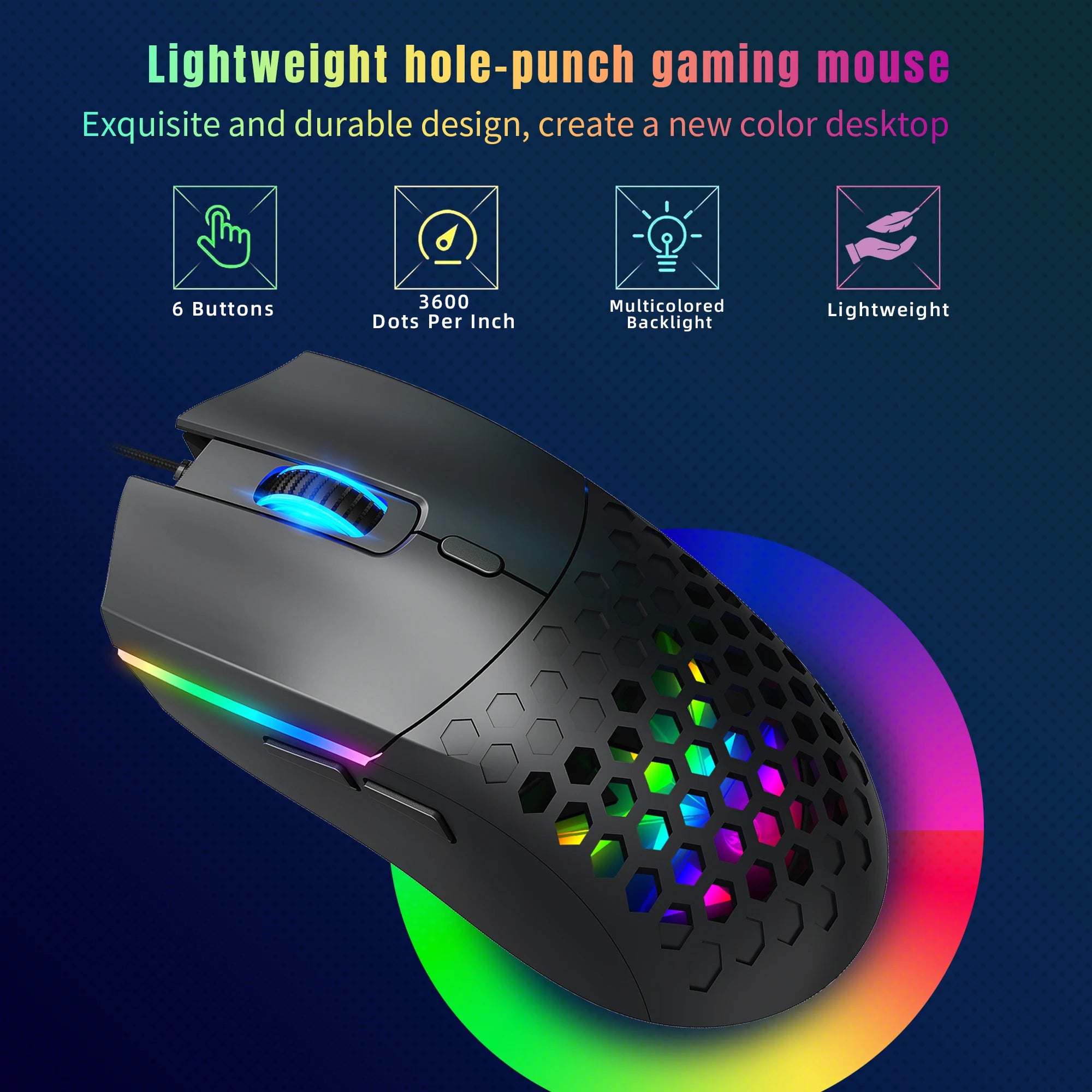 6 Keys Wired Gaming Mouse Honeycomb Hollow Design Colorful Backlight Adjustable 6400 DPI Mouse for Home office PC Gamer
