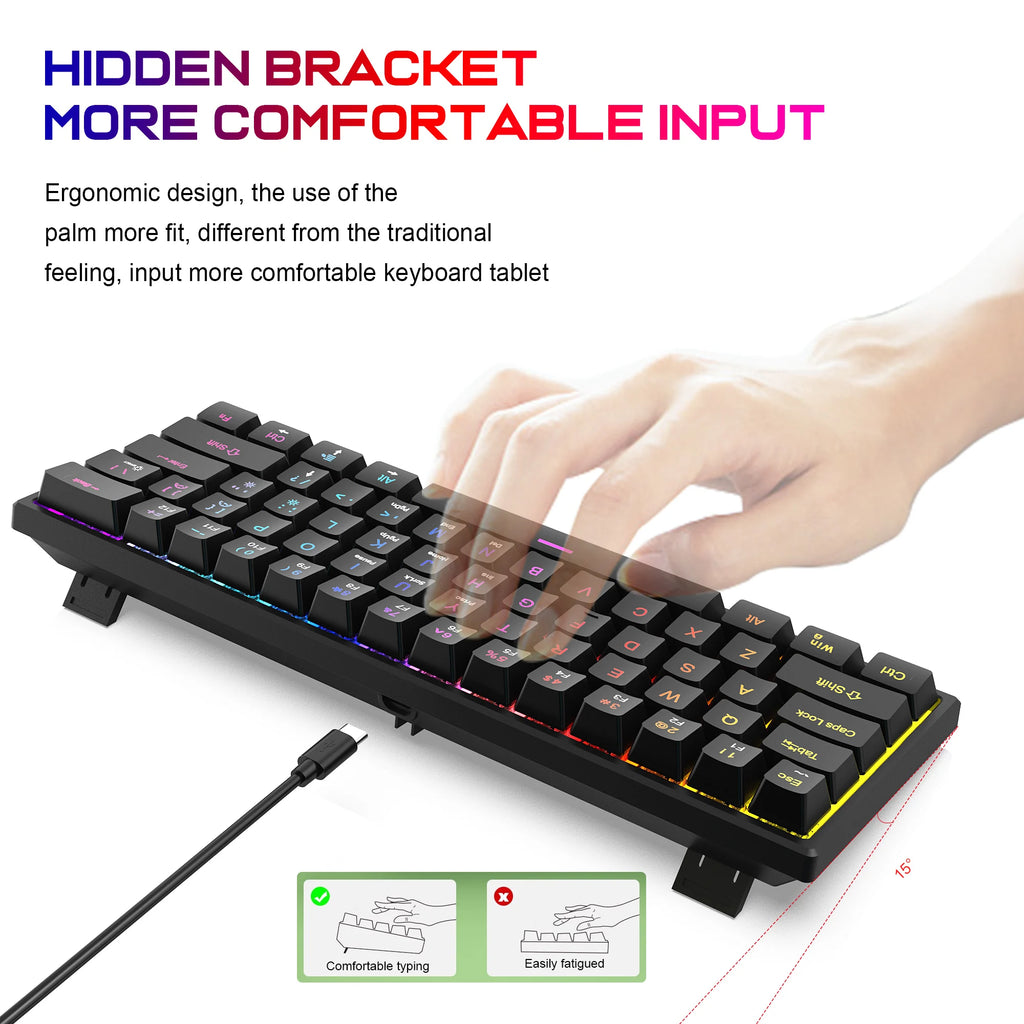 K61 Wired Cyan Axis Mechanical Keyboard RGB Colorful Backlit Ergonomic Design 61 Keys Mini Gaming Keyboard for PC Laptop Desktop