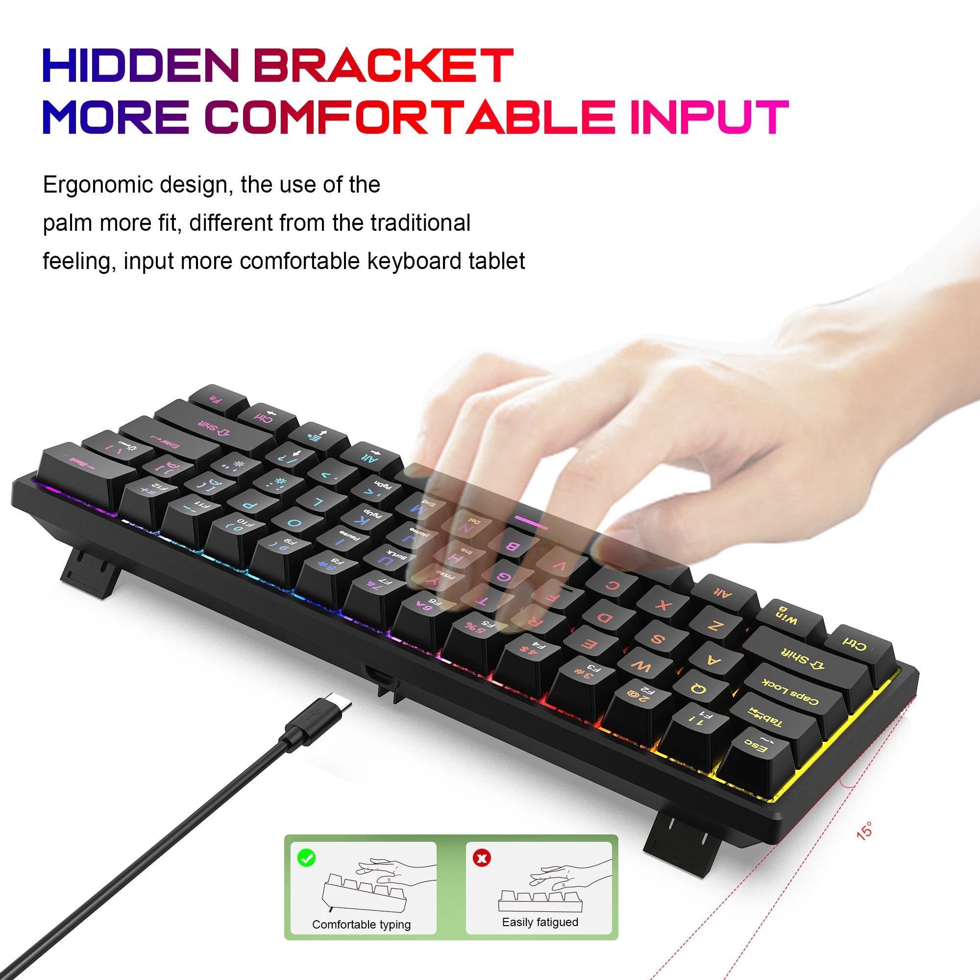 K61 Wired Cyan Axis Mechanical Keyboard RGB Colorful Backlit Ergonomic Design 61 Keys Mini Gaming Keyboard for PC Laptop Desktop