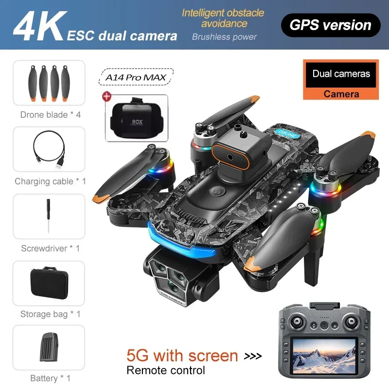Xiaomi A14Pro Max Drone 8K HD Three Camera GPS Brushless Optical Flow Obstacle Avoidance 4.5-inch large screen UAV RC 18000M