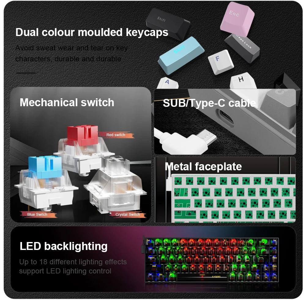 E-YOOSO Z686 USB Mini Slim Mechanical Gaming Wired Keyboard Red Switch 68Keys Russian Brazilian Portuguese for Compute PC Laptop