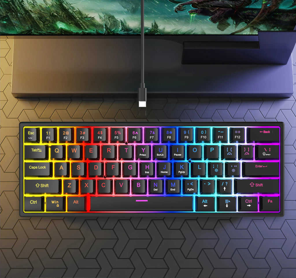 K61 Wired Cyan Axis Mechanical Keyboard RGB Colorful Backlit Ergonomic Design 61 Keys Mini Gaming Keyboard for PC Laptop Desktop