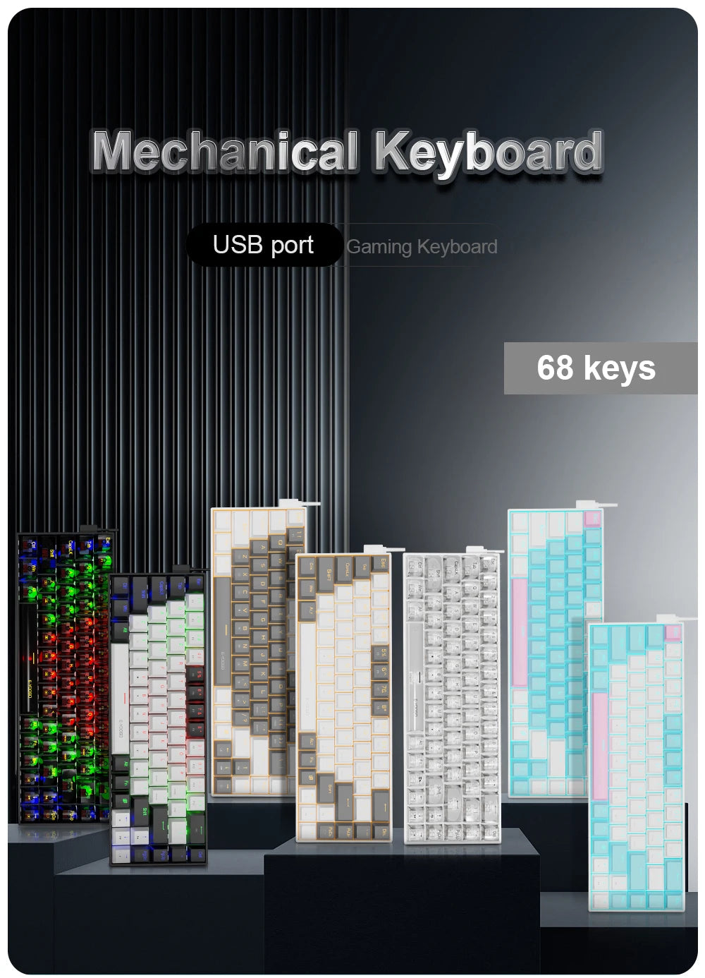 E-YOOSO Z686 USB Mini Slim Mechanical Gaming Wired Keyboard Red Switch 68Keys Russian Brazilian Portuguese for Compute PC Laptop