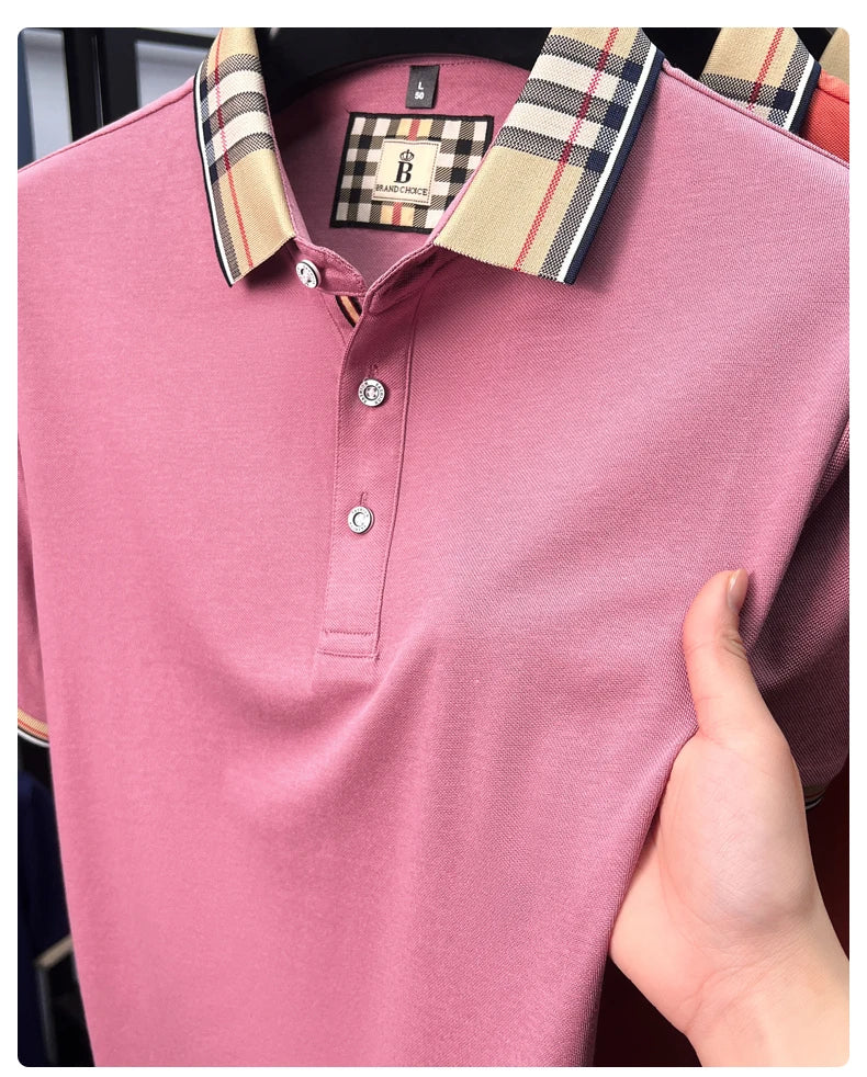 Luxury brand short sleeve polo shirt men's summer new silk cotton breathable fashion top casual business plaid lapel T-shirt