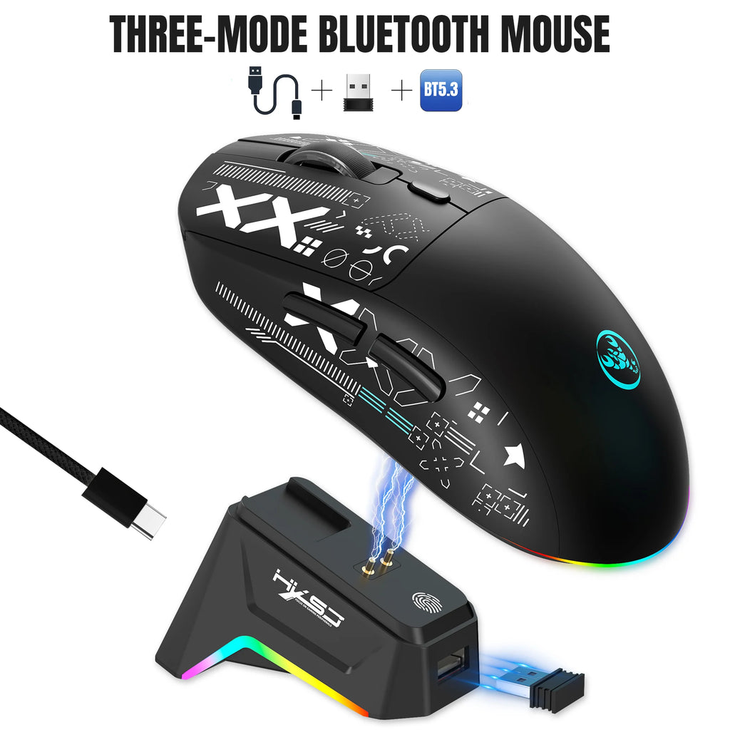 HXSJ T90Pro RGB Backlit Wireless Gaming Mouse with Charging Base Triple Mode 1K Optical Ergonomic Mouse for Esports
